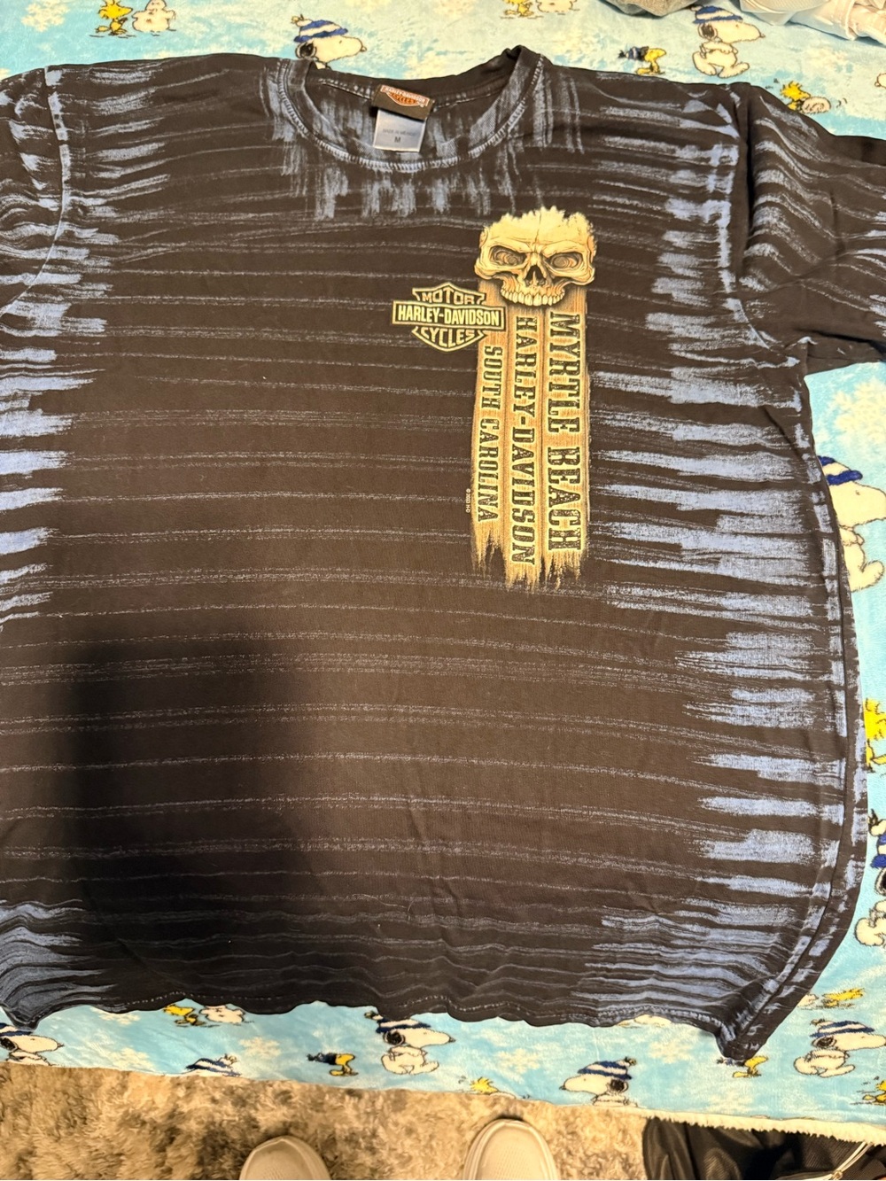 Harley-Davidson Black T-Shirt with Blue Wash and Yellow Skull Graphic